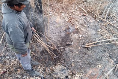 MDZol | Tierras humeantes. Ramón Moreno Flores escarba en una grita de la tierra y muestra cómo aún sale humo. Foto: MDZ