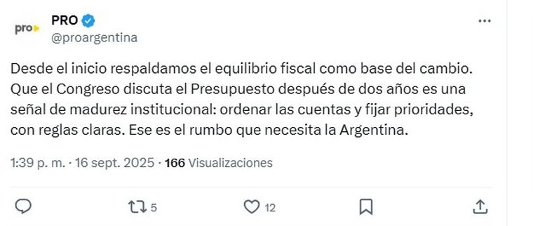 La publicación del PRO en X con la que defendió el Presupuesto 2026. La publicación del PRO en X con la que defendió el Presupuesto 2026.