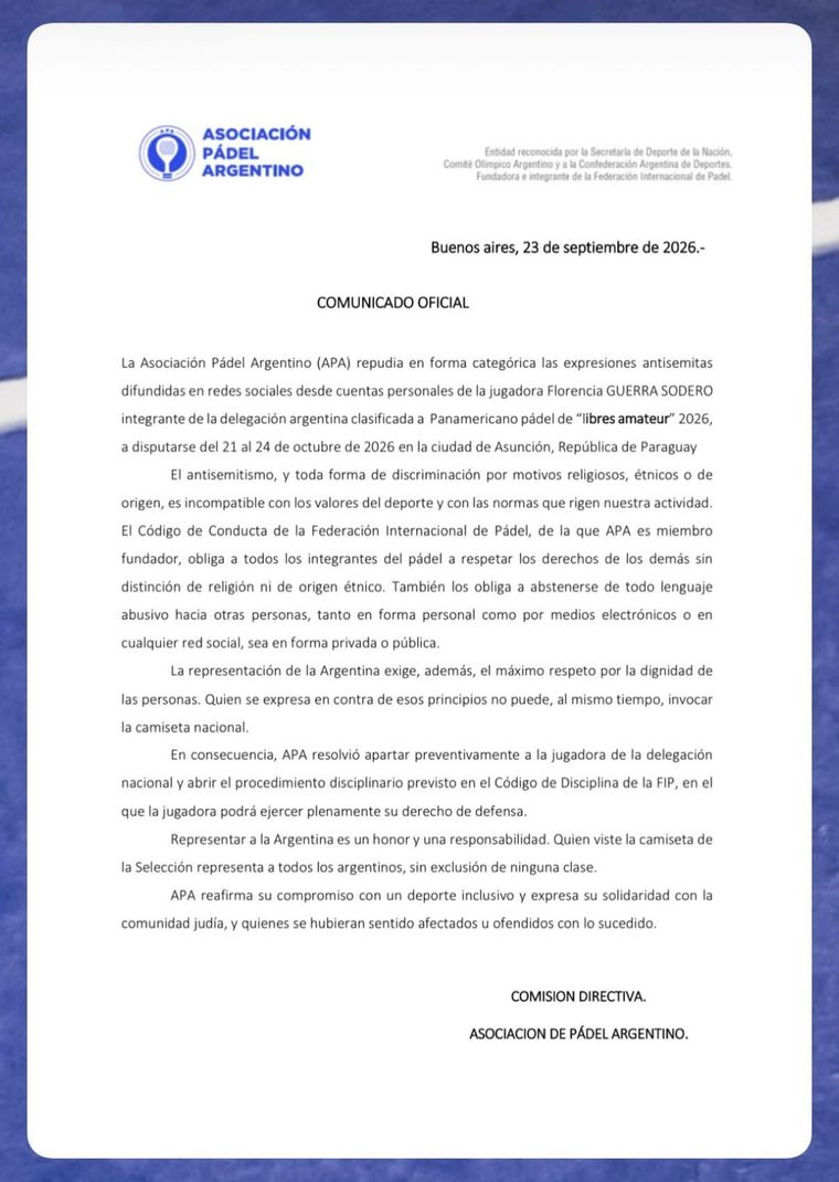La Asociación de Pádel Argentino se expidió tras los dichos antisemitas de Florencia Guerra Sodero. La Asociación de Pádel Argentino se expidió tras los dichos antisemitas de Florencia Guerra Sodero.