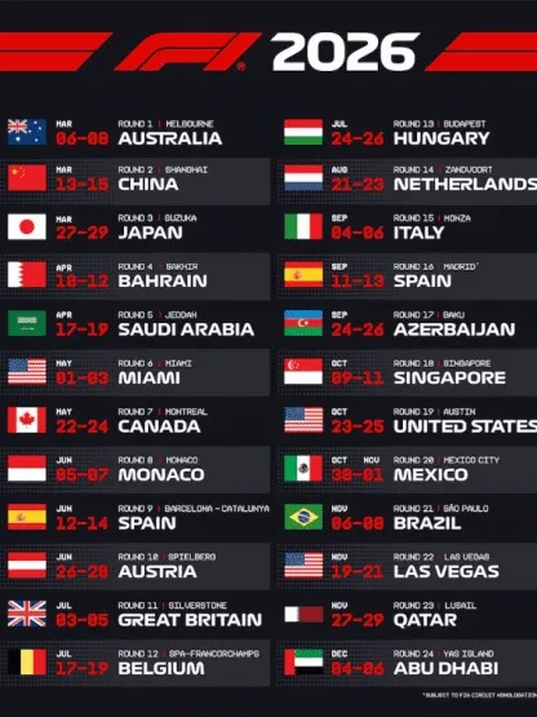 El calendario de la Fórmula 1 2026. Foto:@F1 El calendario de la Fórmula 1 2026. Foto:@F1