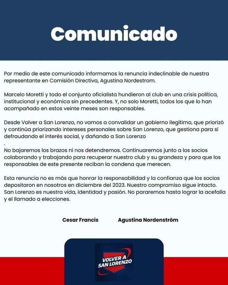 El comunicado de la agrupación Volver a San Lorenzo. El comunicado de la agrupación Volver a San Lorenzo.