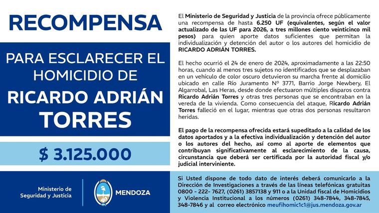 El Ministerio público fiscal ofrece una recompensa a quien aporte información que permita dar con el culpable o los culpables del homicidio. El Ministerio público fiscal ofrece una recompensa a quien aporte información que permita dar con el culpable o los culpables del homicidio.