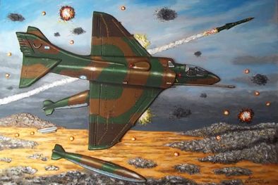 MDZol | Pintura de Alberto Nassivera que representa el momento en el que el “Tucu” Cervera eyecta suscargas externas (los tanques externos de combustible o drops, y las fijaciones subalares endonde portaba las bombas ya arrojadas) y rompe bruscamente por dere