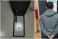 El sospechoso detenido y uno de los celulares secuestrados. 