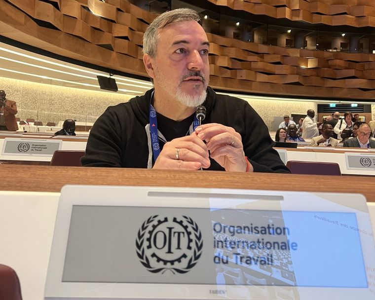 El titular de ATE, Rodolfo Aguiar, en la disertación en Suiza de la Organización Internacional del Trabajo Foto: Prensa ATE