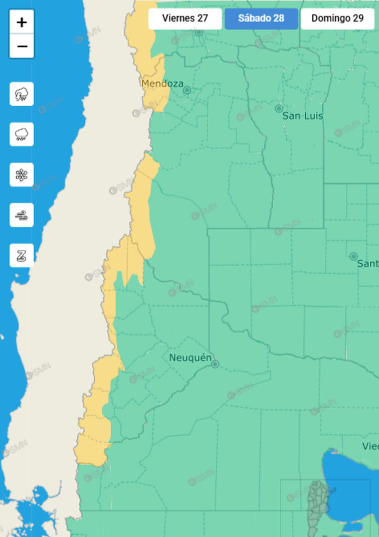 Pronóstico del SMN para este sábado en Mendoza y detalle de las zonas con alerta amarilla por viento y nieve. Foto: SMN Pronóstico del SMN para este sábado en Mendoza y detalle de las zonas con alerta amarilla por viento y nieve. Foto: SMN