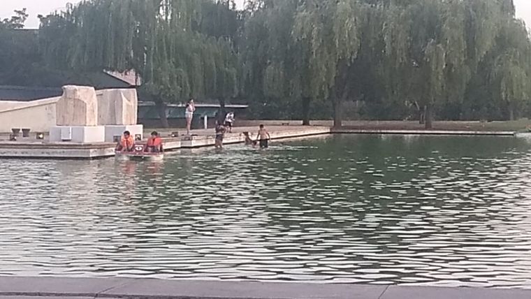 El calor no se soporta y se bañan en el lago del Parque Central.