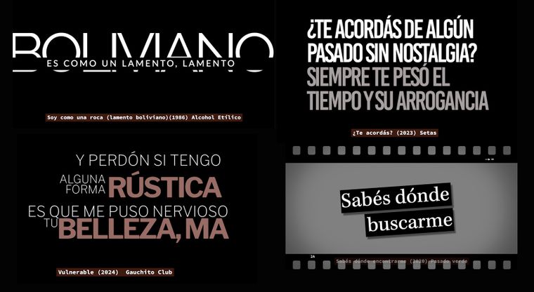 En la imagen cuatro imágenes con cuatro momentos de las canciones Lamento boliviano (Alcohol Etílico), Vulnerable (Gauchito Club), Te acordás? (Setas) y Sabés dónde encontrame (Pasado Verde).