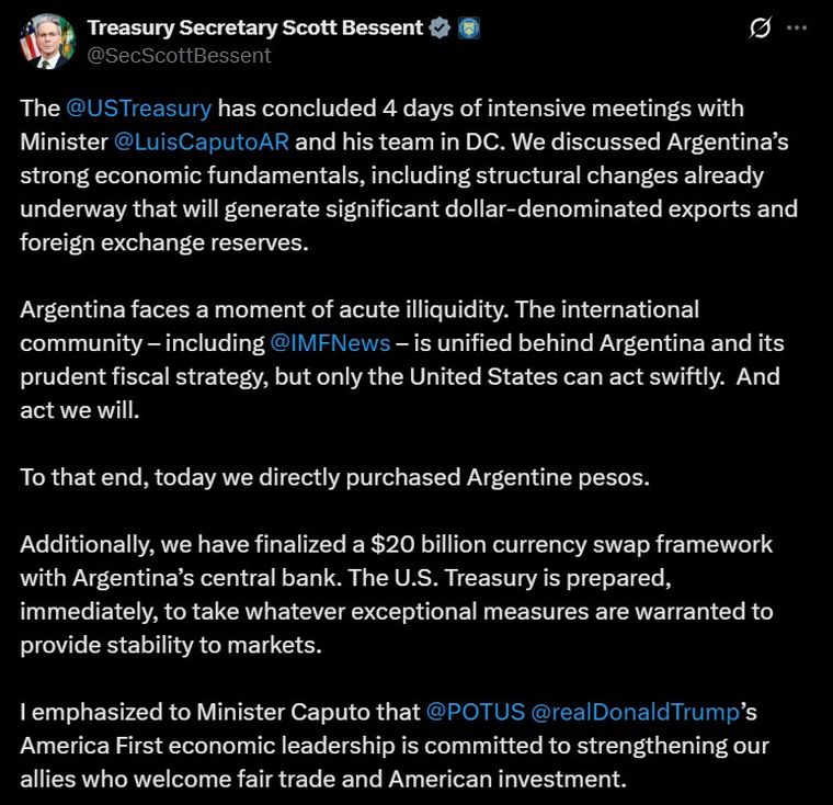 Así encabezó Bessent su nuevo posteo sobre Argentina