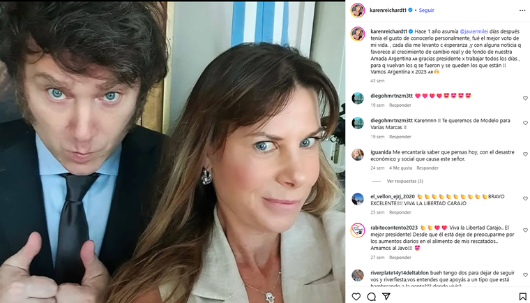 La publicación de Reichardt con Javier Milei. Créditos: Instagram / karenreichardt1 La publicación de Reichardt con Javier Milei. Créditos: Instagram / karenreichardt1