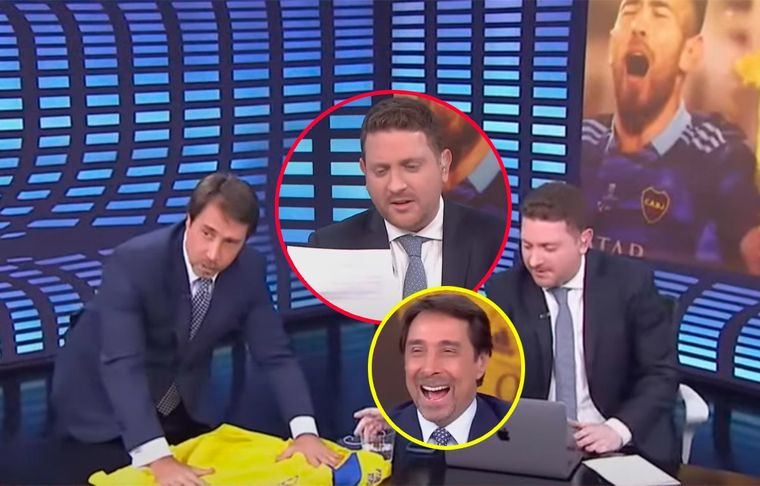 Jonathan Viale pagó la apuesta que perdió con Eduardo Feinmann por el superclásico: cantó en TV una canción de Boca de las más dolorosas para River. Foto: Captura TV
