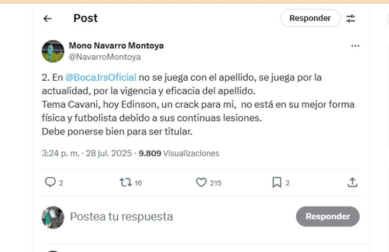 La durísima crítica de Carlos Navarro Montoya a Edinson Cavani por su presente en Boca. Foto: @NavarroMontoya La durísima crítica de Carlos Navarro Montoya a Edinson Cavani por su presente en Boca. Foto: @NavarroMontoya