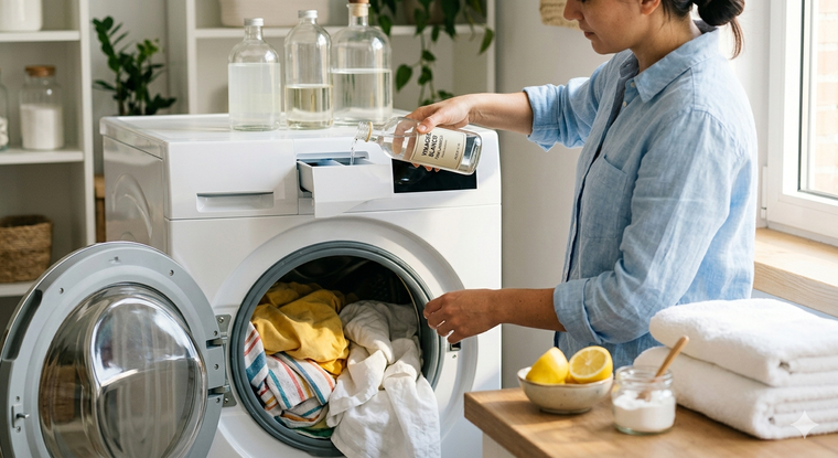 El vinagre blanco act&uacute;a como blanqueador y suavizante natural, sin los qu&iacute;micos agresivos de los productos comerciales. Fuente: IA Gemini.