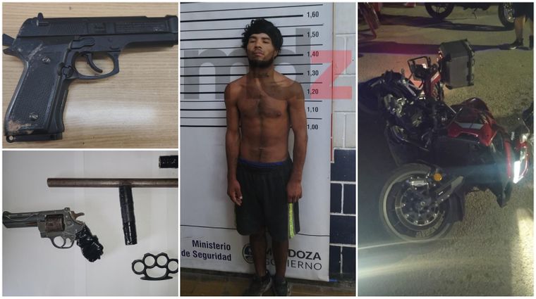 Las armas secuestradas, la moto recuperada y el sujeto que fue detenido junto al niño de 11 años.&nbsp;