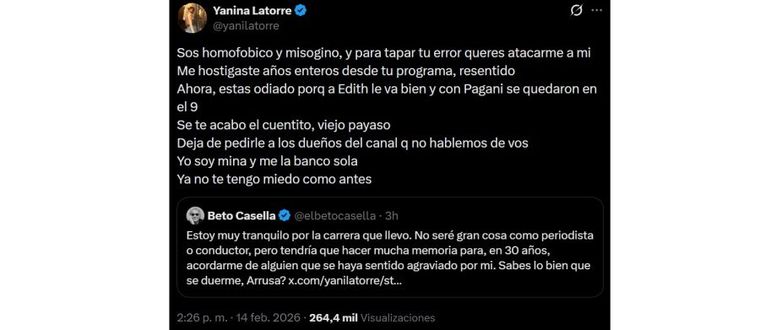 Yanina Latorre cargó contra Beto Casella. Yanina Latorre cargó contra Beto Casella.