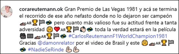 El posteo de Cora Reutemann junto al video del Gran Premio de Las Vegas de 1981. El posteo de Cora Reutemann junto al video del Gran Premio de Las Vegas de 1981.