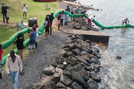 Una vista aérea con voluntarios que llevan una barrera de pelo hecha a mano para bloquear el petróleo en la isla Mauricio, en agosto de 2020. Foto: Gentileza qiarg.org