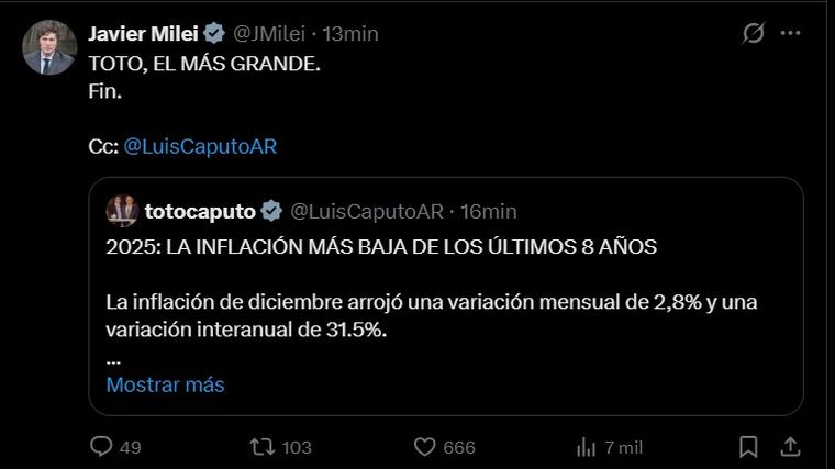 El posteo de Milei citando a Luis Caputo El posteo de Milei citando a Luis Caputo