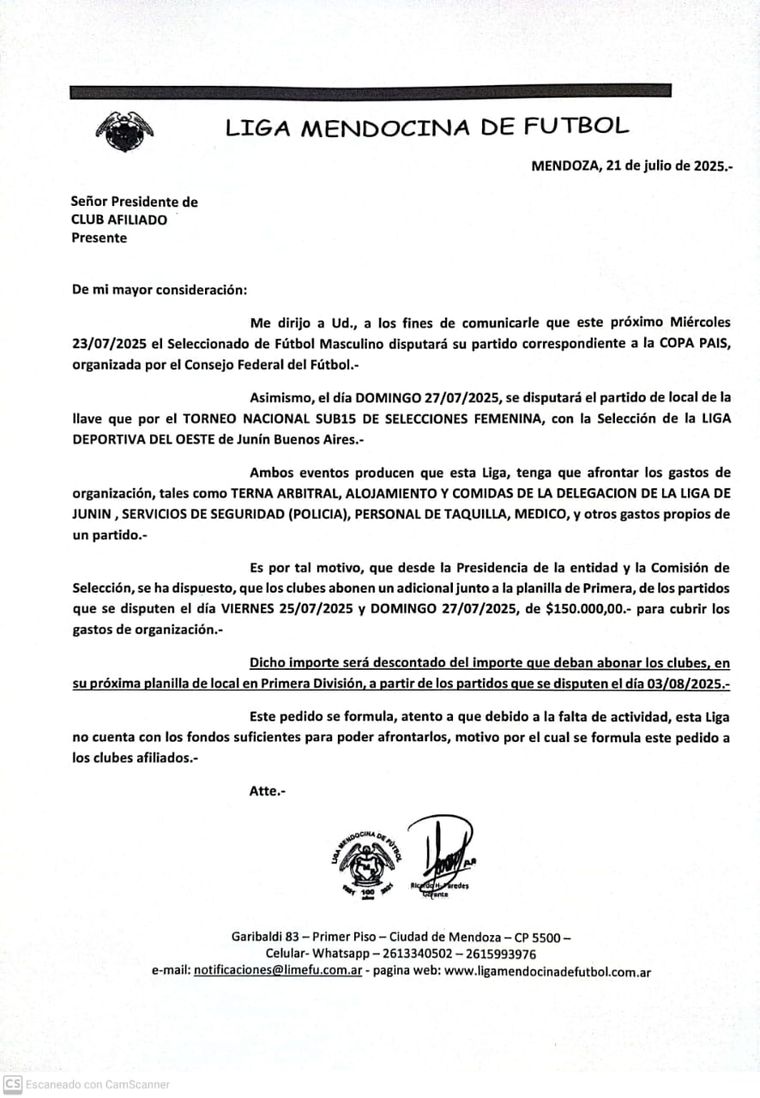 El comunicado de la Liga Mendocina. El comunicado de la Liga Mendocina.