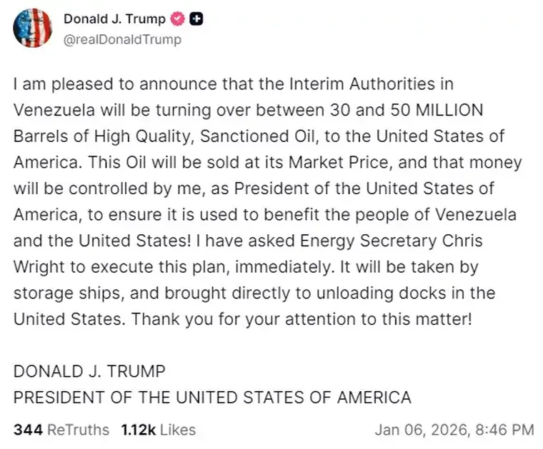 Tras la intervención militar, Donald Trump anunció que Venezuela le entregará petróleo a Estados Unidos. Tras la intervención militar, Donald Trump anunció que Venezuela le entregará petróleo a Estados Unidos.
