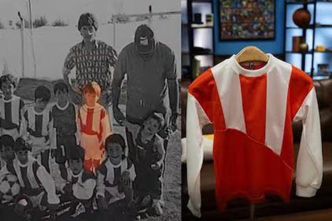 Lionel Messi junto a su categoría en Abanderado Grandoli a los 5 años y la camiseta que se subastará.