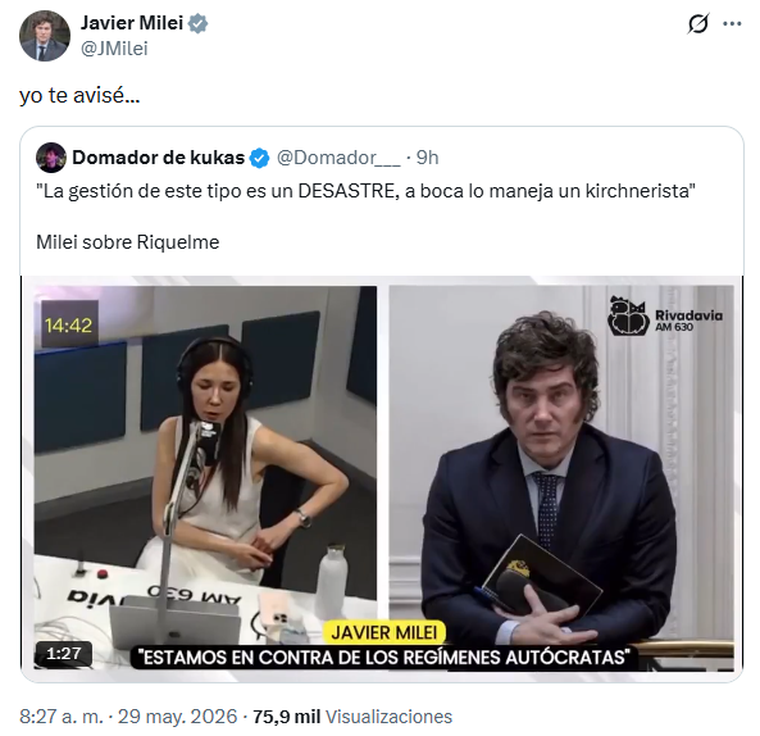 El tuit de Javier Milei tras la eliminación de Boca de la Copa Libertadores El tuit de Javier Milei tras la eliminación de Boca de la Copa Libertadores