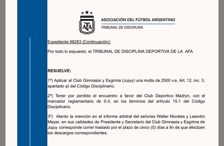 El Tribunal de Disciplina de AFA le dio ganado el partido a Deportivo Madryn ante Gimnasia de Jujuy por 3 a 0. El Tribunal de Disciplina de AFA le dio ganado el partido a Deportivo Madryn ante Gimnasia de Jujuy por 3 a 0.