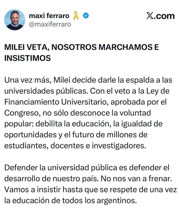 Maximiliano Ferraro apostó a frenar el veto de Milei Maximiliano Ferraro apostó a frenar el veto de Milei