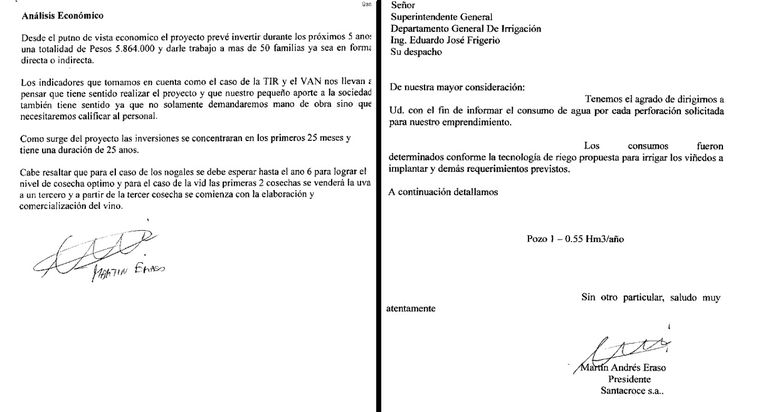 De puño y letra. La firma de Eraso en los expedientes donde se tramitaron los pozos de agua irregulares. Eraso era titular de Santacroce, uno de los emprendimientos. De puño y letra. La firma de Eraso en los expedientes donde se tramitaron los pozos de agua irregulares. Eraso era titular de Santacroce, uno de los emprendimientos.