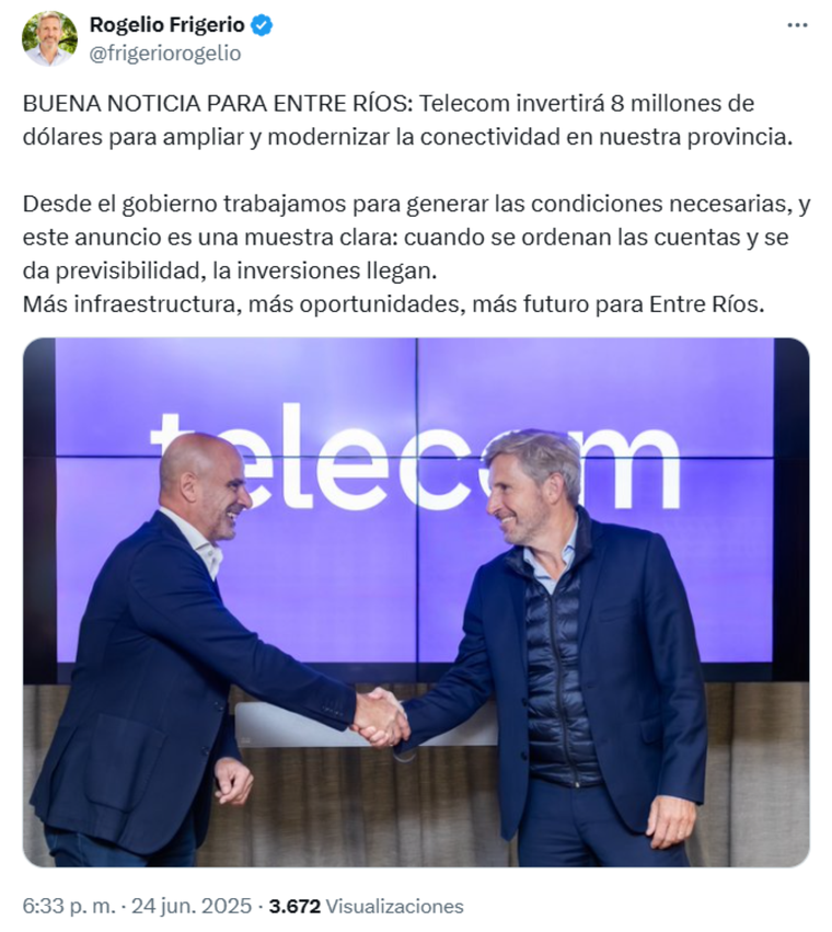 El Gobernador de Entre Ríos, Rogelio Frigerio, y un acuerdo provincial con Telecom. El Gobernador de Entre Ríos, Rogelio Frigerio, y un acuerdo provincial con Telecom.
