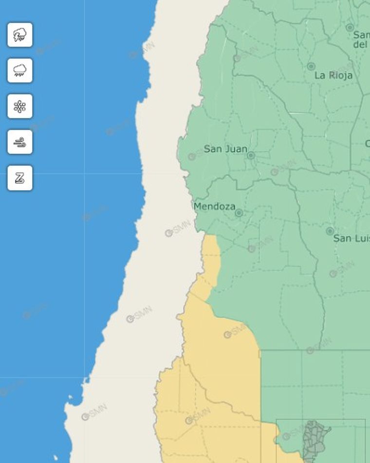 Las zonas afectadas por Zonda el día sábado en Mendoza. Foto: Servicio Meteorológico Nacional Las zonas afectadas por Zonda el día sábado en Mendoza. Foto: Servicio Meteorológico Nacional