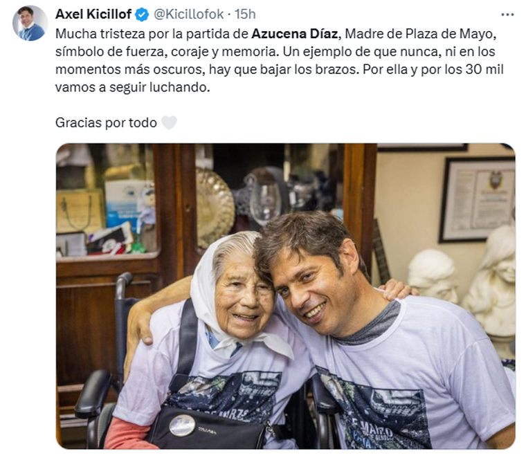 El gobernador de la provincia de Buenos Aires, Axel Kicillof, compartió una fotografía junto a Azucena Díaz, tras su partida. El gobernador de la provincia de Buenos Aires, Axel Kicillof, compartió una fotografía junto a Azucena Díaz, tras su partida.