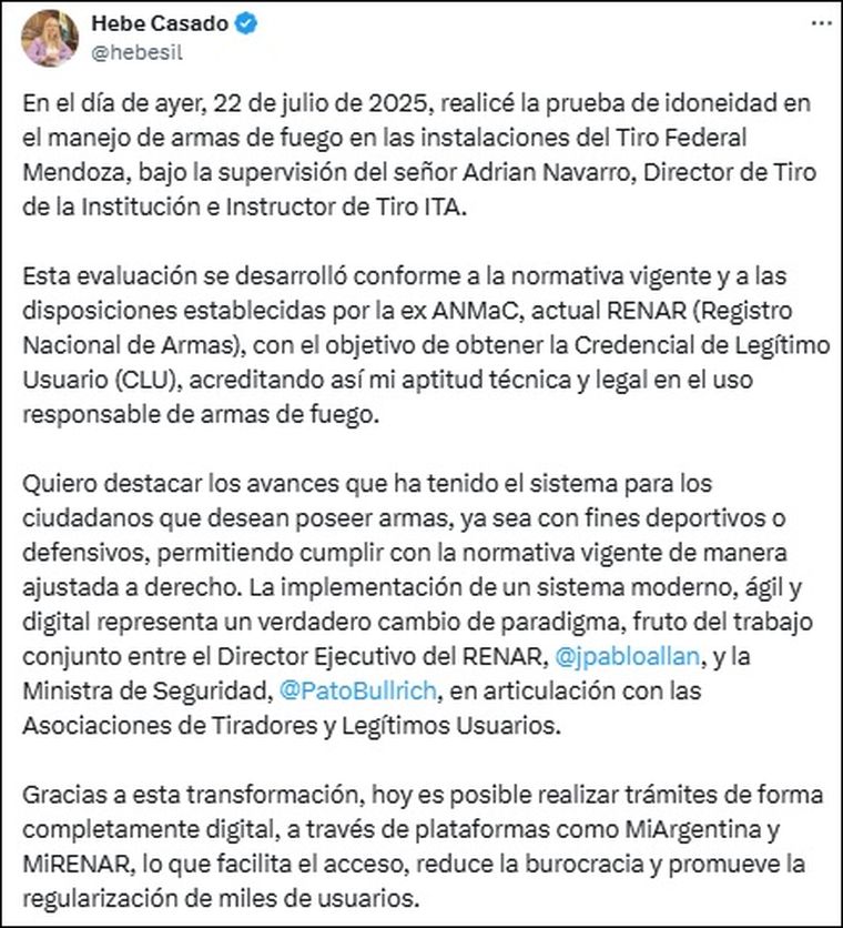 El posteo de Hebe Casado en su cuenta de X El posteo de Hebe Casado en su cuenta de X