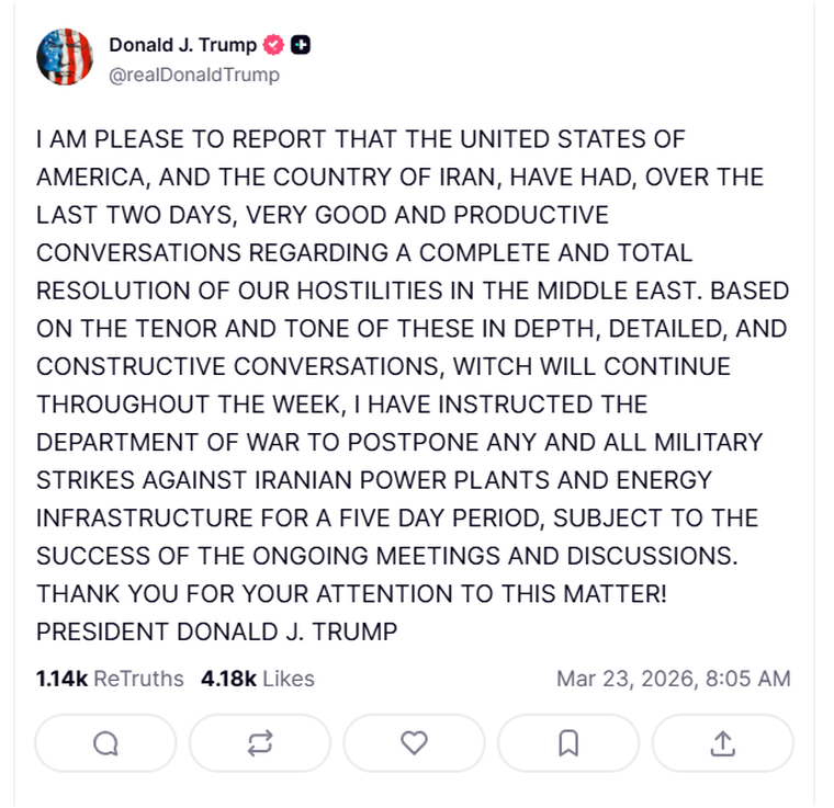 En su publicación, Donald Trump afirmó que ordenó postergar por cinco días cualquier ofensiva contra instalaciones energéticas iraníes mientras continúan las conversaciones. En su publicación, Donald Trump afirmó que ordenó postergar por cinco días cualquier ofensiva contra instalaciones energéticas iraníes mientras continúan las conversaciones.