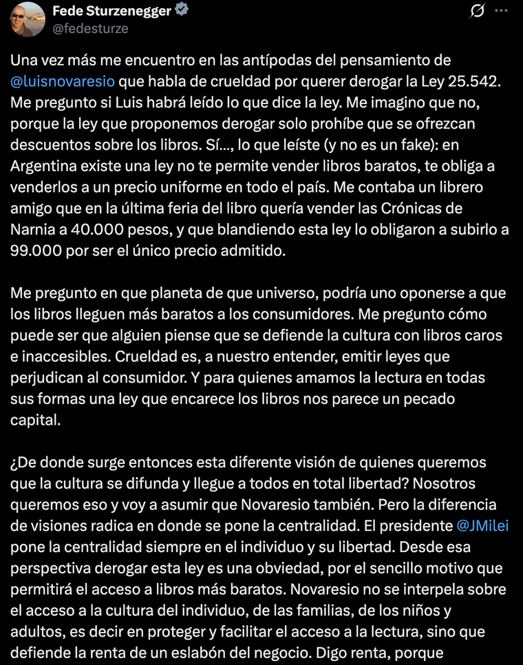 El comunicado de Federico Sturzenegger sobre el proyecto de desregulación del mercado editorial.