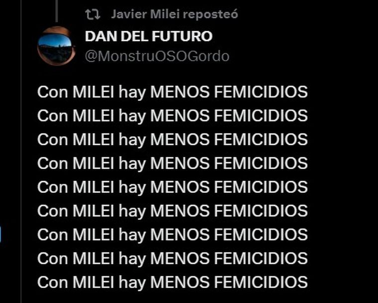 Uno de los RT de Milei sobre la violencia de género Uno de los RT de Milei sobre la violencia de género