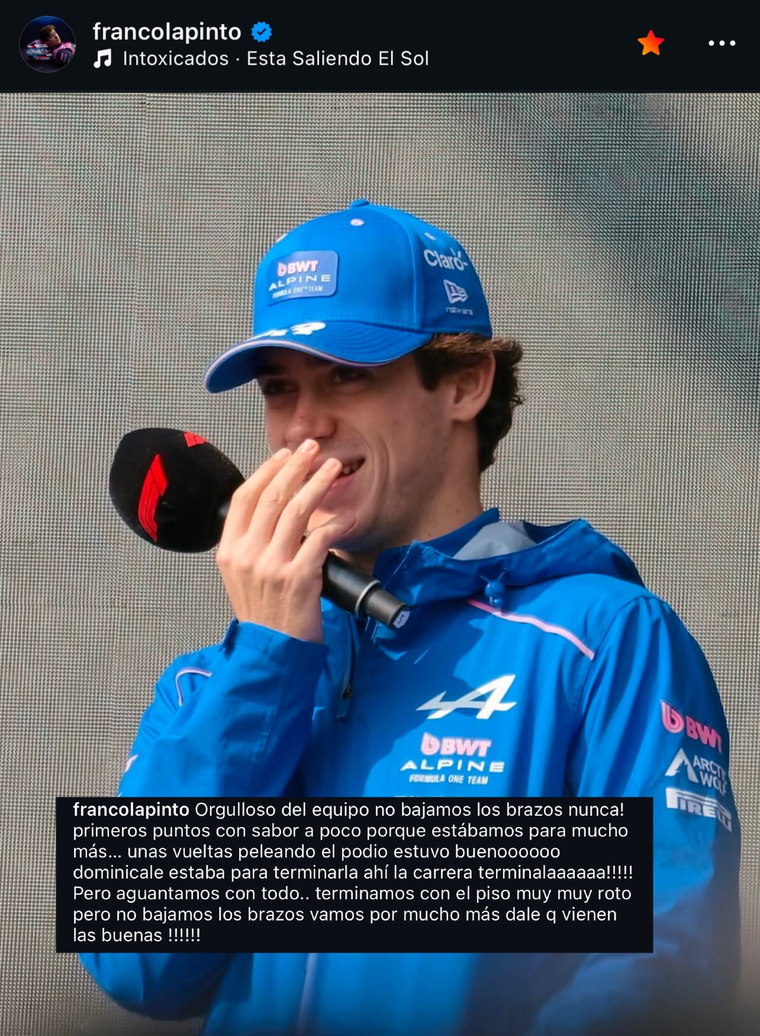 El posteo de Colapinto tras el GP de China. El posteo de Colapinto tras el GP de China.