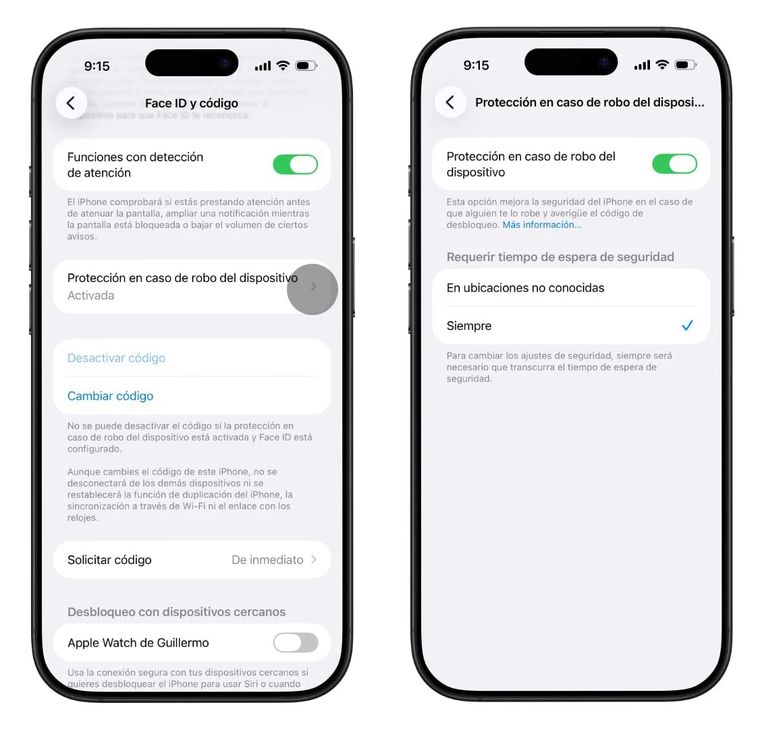 La protección en caso de robo añade una capa extra: requiere Face ID o Touch ID para acceder a funciones críticas. La protección en caso de robo añade una capa extra: requiere Face ID o Touch ID para acceder a funciones críticas.