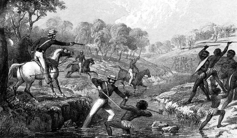 matanza de pueblos aborígenes Antigua litografía que representa la masacre de Waterloo Creek, en Australia, en 1838. Foto: AustralianWarMemorial.