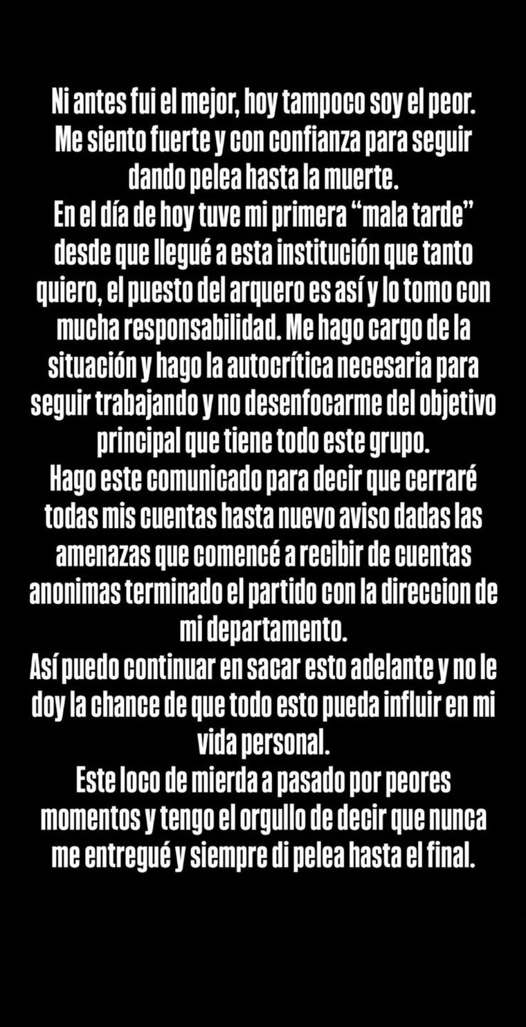 El mensaje que dejó en sus redes sociales el arquero mendocino. El mensaje que dejó en sus redes sociales el arquero mendocino.