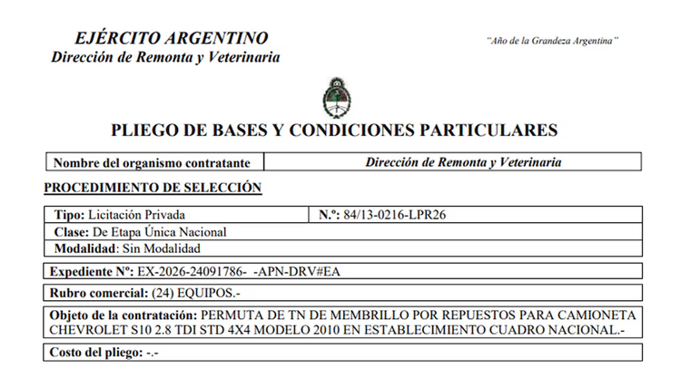El encabezado de la licitación en la que el Ejército ofrece el trueque de membrillos por repuestos. El encabezado de la licitación en la que el Ejército ofrece el trueque de membrillos por repuestos.