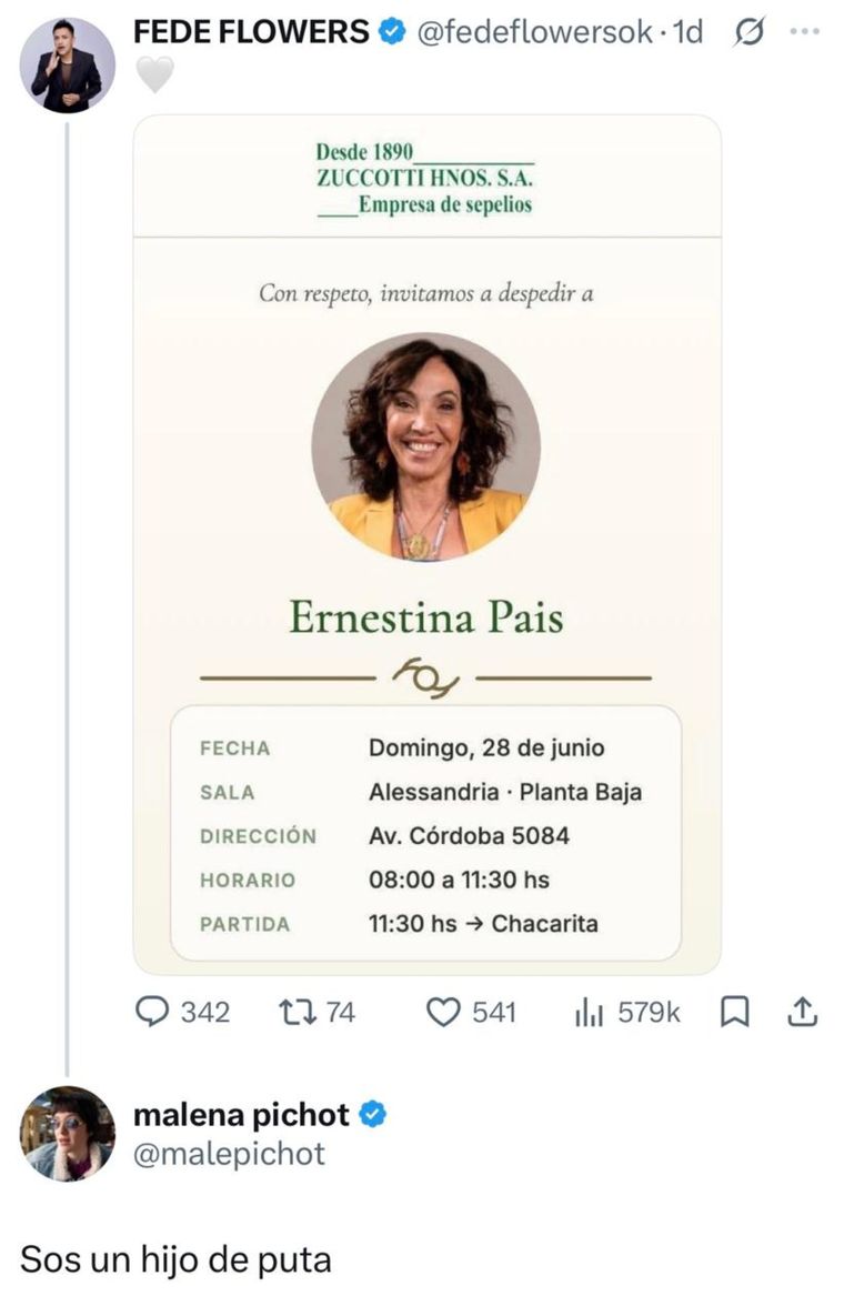 Fede Flowers compartió los datos del velorio de Pais y generó un repudio masivo. Fede Flowers compartió los datos del velorio de Pais y generó un repudio masivo.
