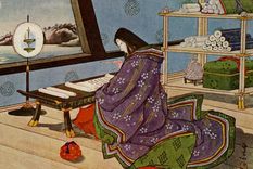Murasaki Shikibu escribiendo "El romance de Genji" en el templo de Ishiyama.