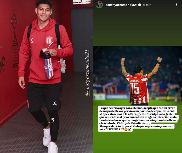 Santiago Arzamendia y su pedido de disculpas en Estudiantes por el sticker de Cerro Porteño en su termo. Santiago Arzamendia y su pedido de disculpas en Estudiantes por el sticker de Cerro Porteño en su termo.