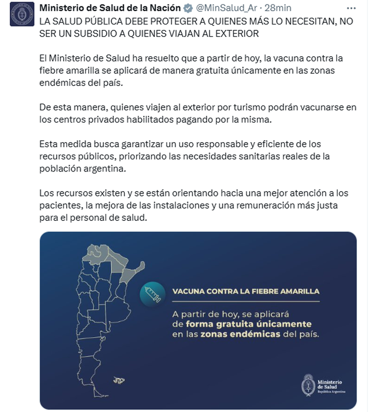 El comunicado oficial del Ministerio de Salud respecto a la vacuna contra la fiebre amarilla. El comunicado oficial del Ministerio de Salud respecto a la vacuna contra la fiebre amarilla.