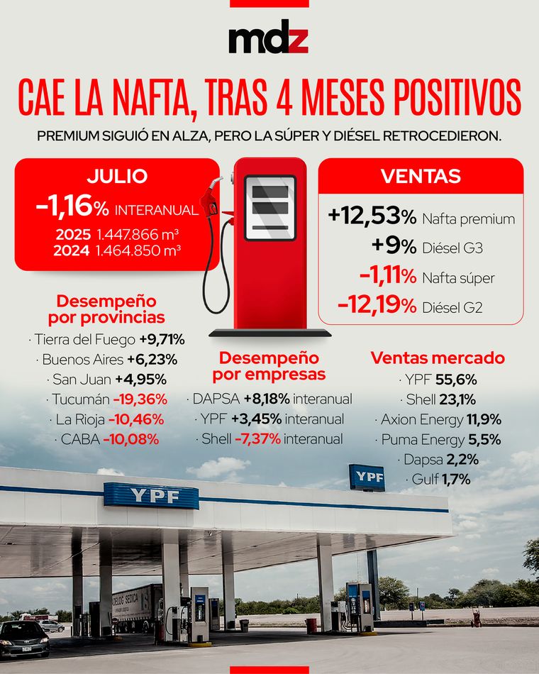 Las ventas de combustibles cayeron en julio y frenaron cuatro meses de subas. Las ventas de combustibles cayeron en julio y frenaron cuatro meses de subas.