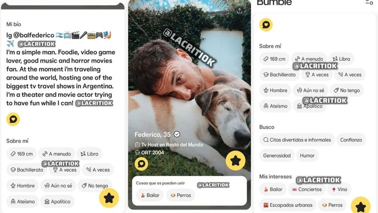 El perfil de Fede Bal en la app de citas. El perfil de Fede Bal en la app de citas.