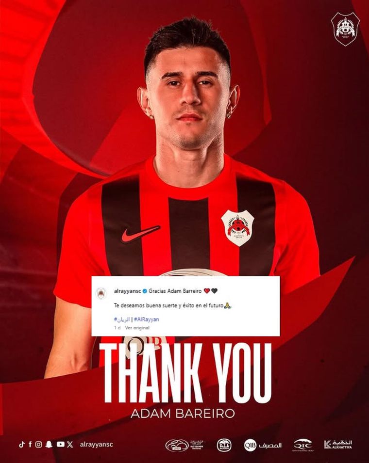 Al Rayyan decidió no hacer uso de la opción de compra por Adam Bareiro y el delantero deberá volver a River Plate. Al Rayyan decidió no hacer uso de la opción de compra por Adam Bareiro y el delantero deberá volver a River Plate.