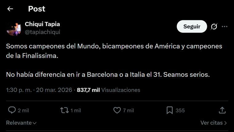 El Chiqui Tapia se expidió en redes. El Chiqui Tapia se expidió en redes.