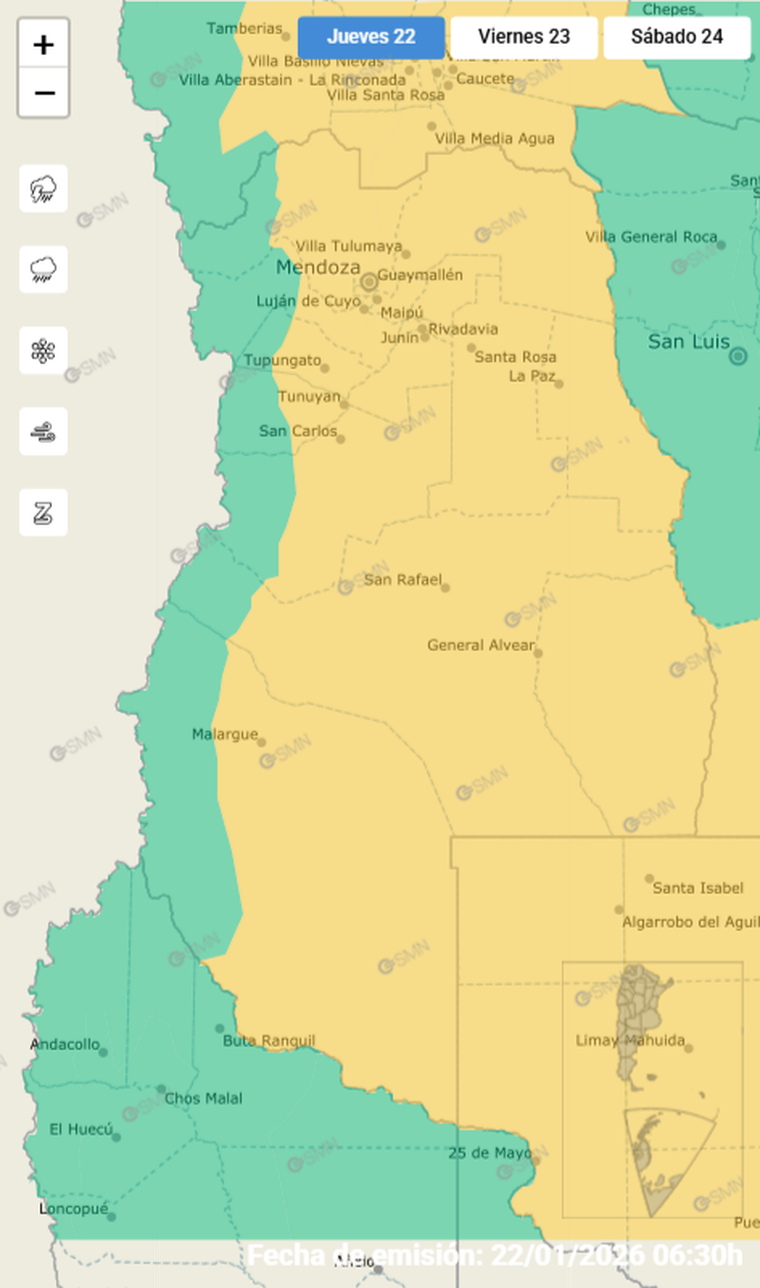 Gran parte de Mendoza está en alerta amarilla. Gran parte de Mendoza está en alerta amarilla.
